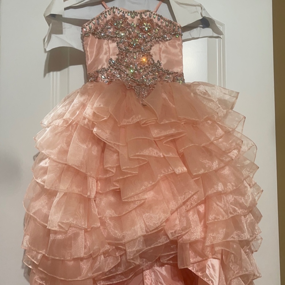 Peach beaded mini quinceañera dress
